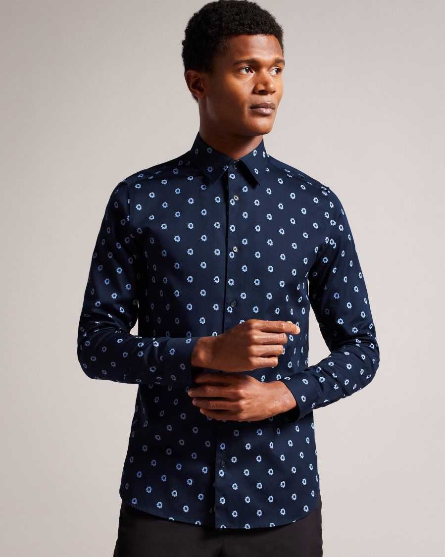 Ted Baker Shirts Sale Online USA - Navy Mens Kyme Long Sleeve Ditsy Floral  Shirt